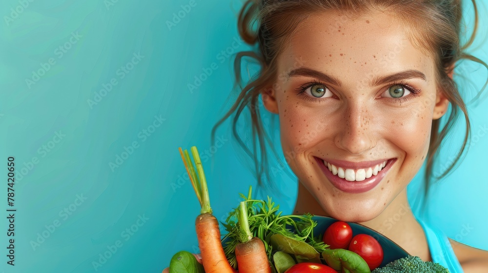 A woman is holding a basket of vegetables, including carrots and tomatoes A woman is holding a basket of vegetables, including carrots and tomatoes