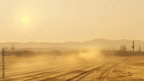 Golden Desert Sunrise with Tranquil Cactus Landscape