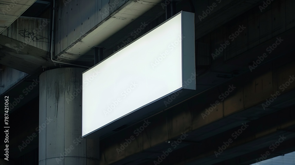 Long white empty signboard hanging on concrete urban bridge for commercial information and advertise message : Generative AI
