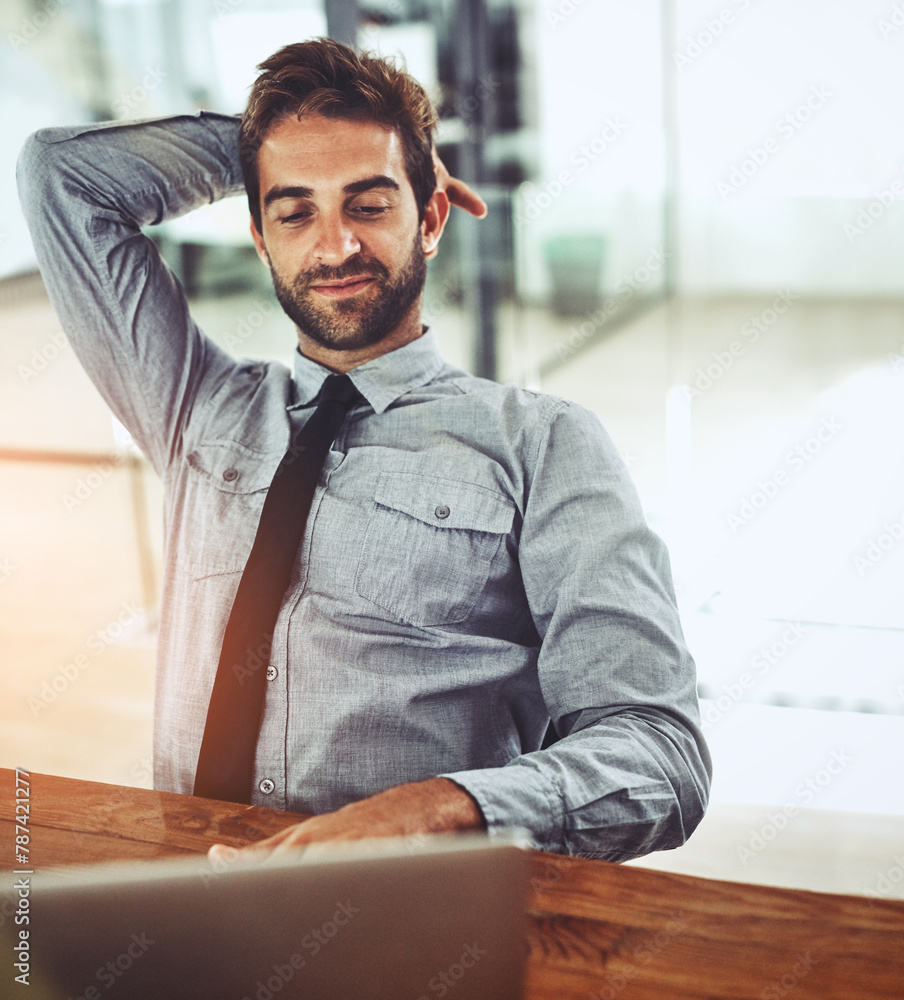Naklejka premium Relax, thinking and man in office with laptop, smile and planning online project for business ideas. Calm, ideas and happy businessman at desk with computer, research and problem solving in workplace