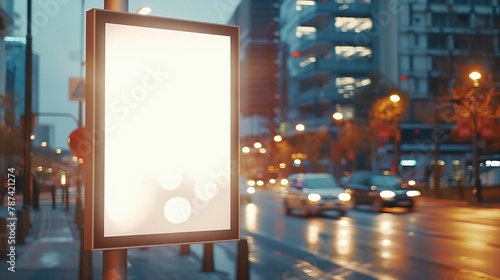 Blank mock up of vertical poster light box billboard for advertising on the background of a city street with a traveling car : Generative AI