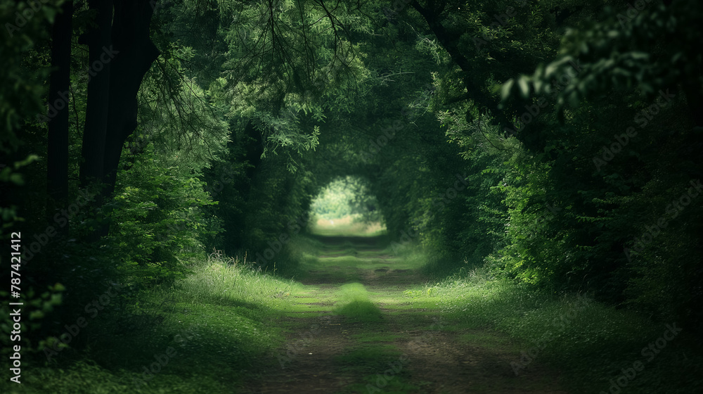 Serene path winds through a dense green forest, leading towards a brightly illuminated clearing.
