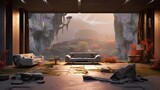 an AI-generated epic interior shot that channels the essence of Horizon Zero Dawn's futuristic landscape into a neo-brutalist home, featuring a solitary sofa as its centerpiece