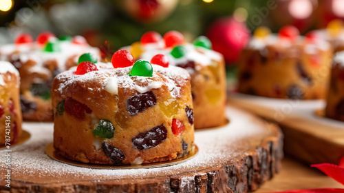 Delicious fruitcakes topped with candied fruits and dusted with powdered sugar, set against a festive holiday backdrop. photo
