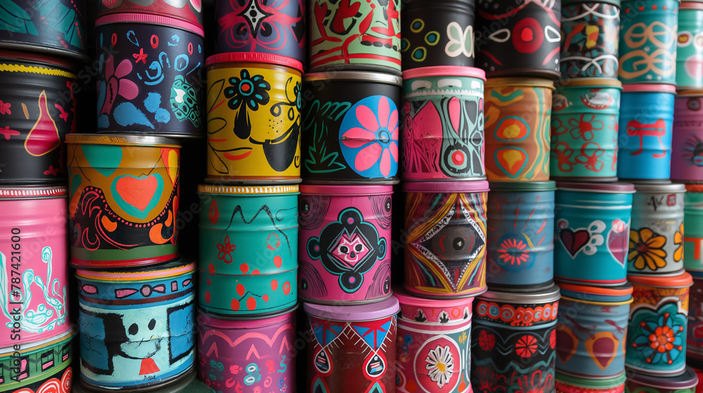 Rows of tin cans artistically painted with vibrant colors and patterns, showcasing a delightful array of folk art.