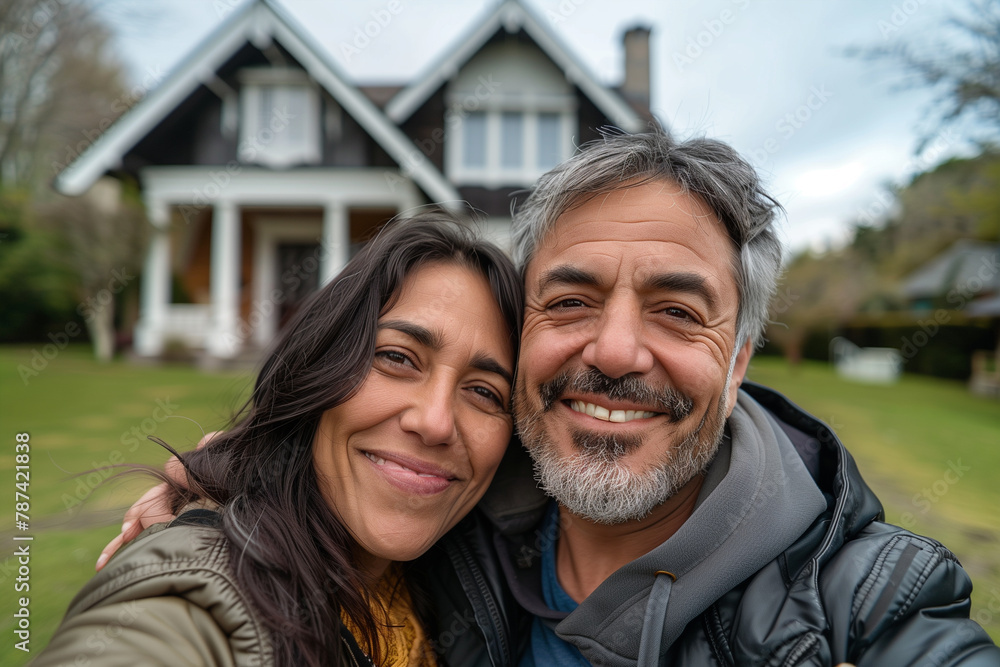 Man and Woman Taking Selfie in Front of House Man and Woman Taking Selfie in Front of House