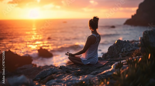 The picture of the young or adult female human doing the yoga pose for relaxation or meditating the mind in the middle of the nature under the bright sun in the daytime of a dawn or dusk day. AIGX03.