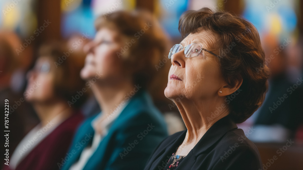 Obraz premium Woman in contemplation looks upwards inside a church, captured in a moment of reflection and spirituality.