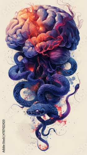 Brain and serpent intertwine in an artistic portrayal, symbolizing the complex dance of intelligence and guile in human nature,Flat design illustrations photo