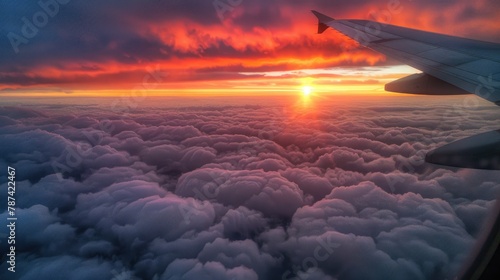 The aerial perspective of clouds and sunset from an airplane window Airplane wing silhouetted against dawn clouds photo