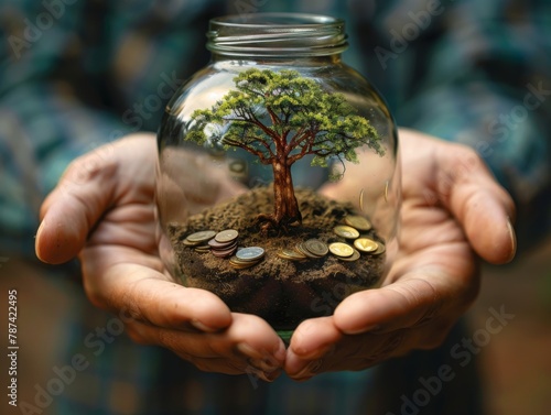 In a businessman's palms, a jar nurturing a flourishing tree with coin foliage, epitomizing wealth accumulation. Great for economic visuals,American Regionalism