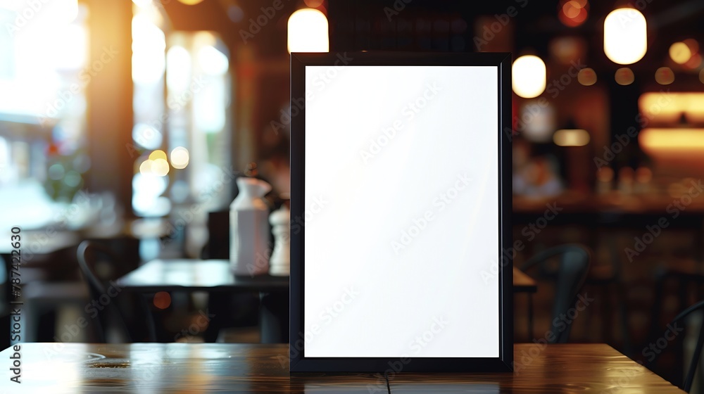 mockup white poster with black frame stand in front of blur restaurant cafe background for show or present promotion product concept : Generative AI mockup white poster with black frame stand in front of blur restaurant cafe background for show or present promotion product concept : Generative AI