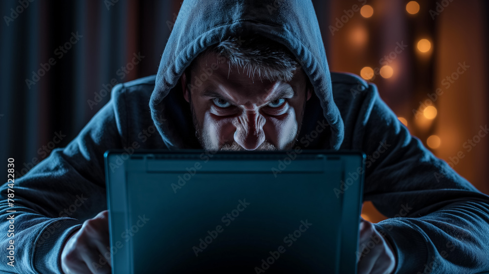 Intense looking man in a hooded sweatshirt focused on the screen, suggesting clandestine computer activity. Intense looking man in a hooded sweatshirt focused on the screen, suggesting clandestine computer activity.