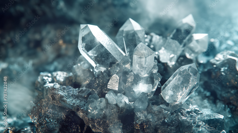 Natural clear quartz crystals emerge from a dark rocky surface, showcasing their translucent beauty and geometric form.