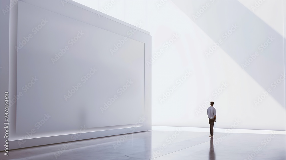 A man looking at a blank white banner in a large bright hall mock up 3D Render : Generative AI