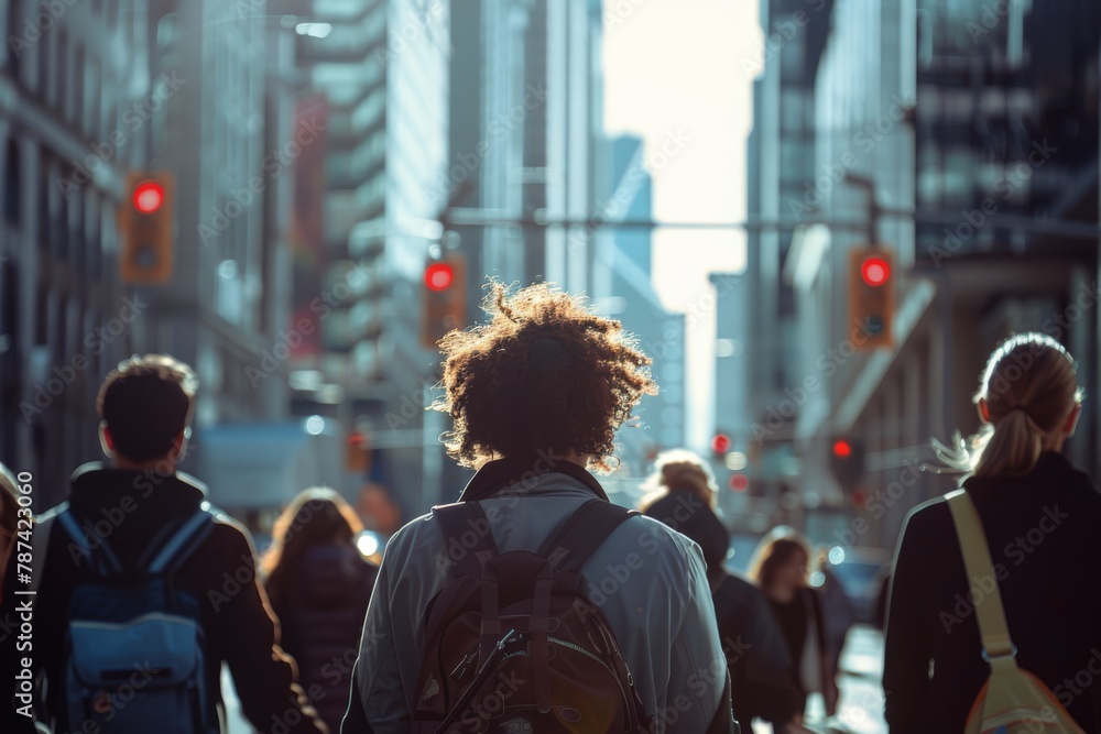 a diverse group of people walks along the streets of a futuristic city, captured from behind with an over-the-shoulder perspective
a diverse group of people walks along the streets of a futuristic city, captured from behind with an over-the-shoulder perspective