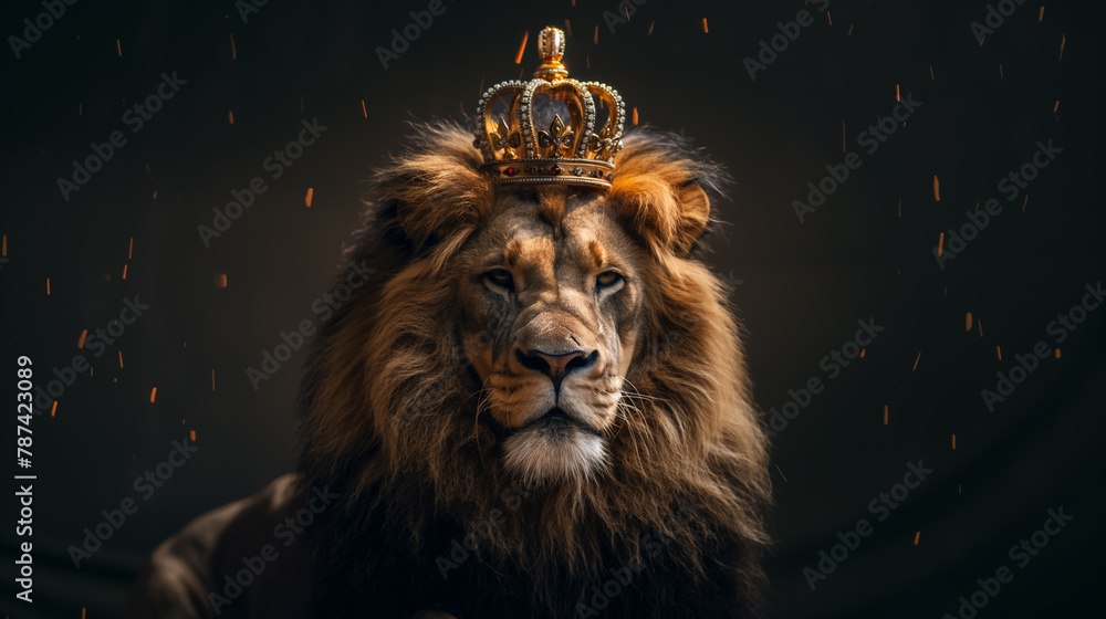 Majestic lion with a regal crown atop its head, symbolizing royalty, strength, and the animal kingdom's nobility.