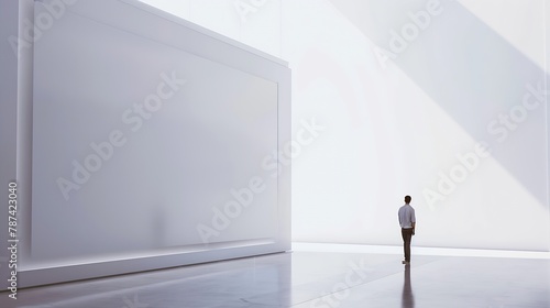 A man looking at a blank white banner in a large bright hall mock up 3D Render : Generative AI