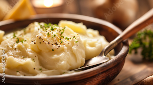 Bowl of creamy mashed potatoes garnished with herbs, served on a rustic wooden table inviting a comfort food experience