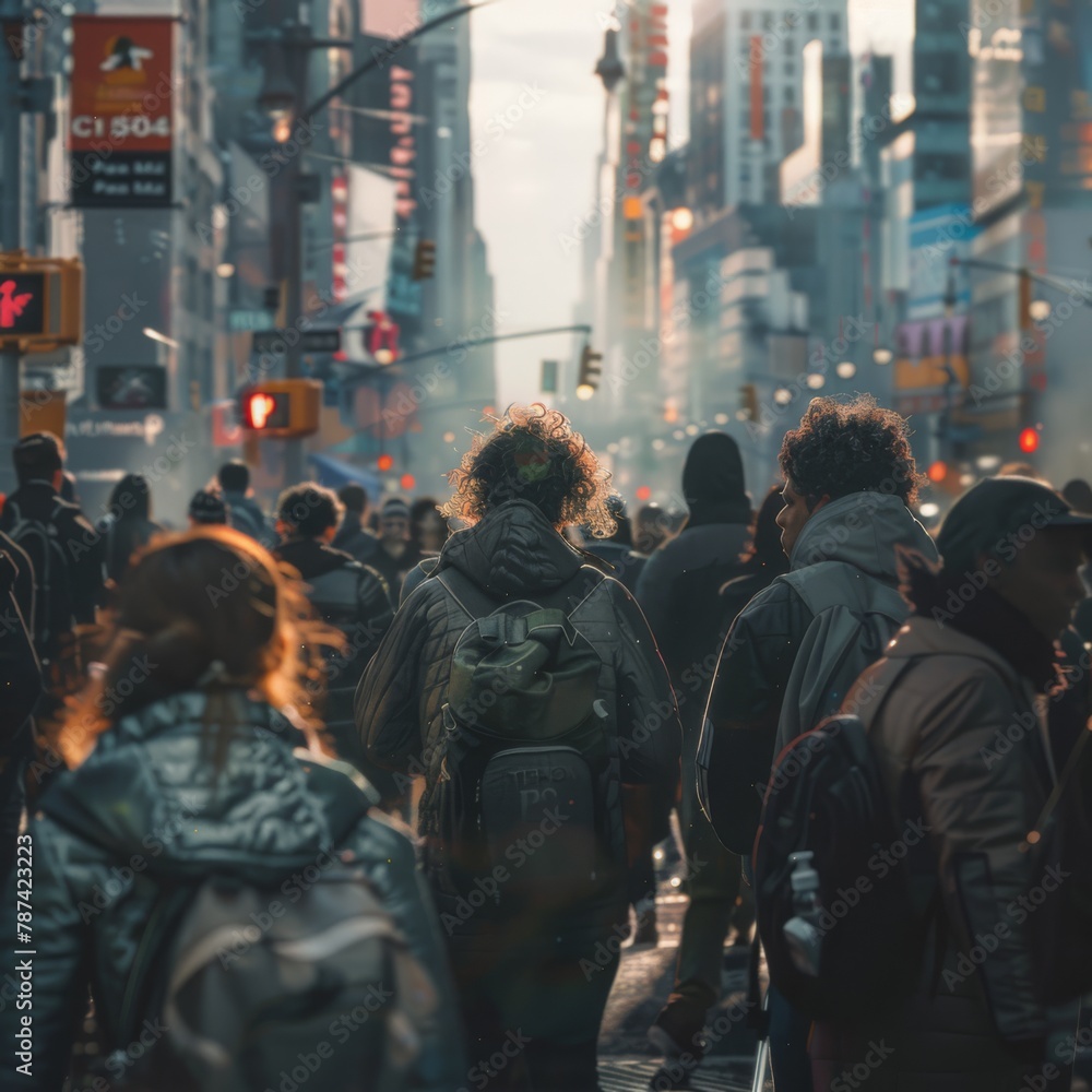 a diverse group of people walks along the streets of a futuristic city, captured from behind with an over-the-shoulder perspective
a diverse group of people walks along the streets of a futuristic city, captured from behind with an over-the-shoulder perspective