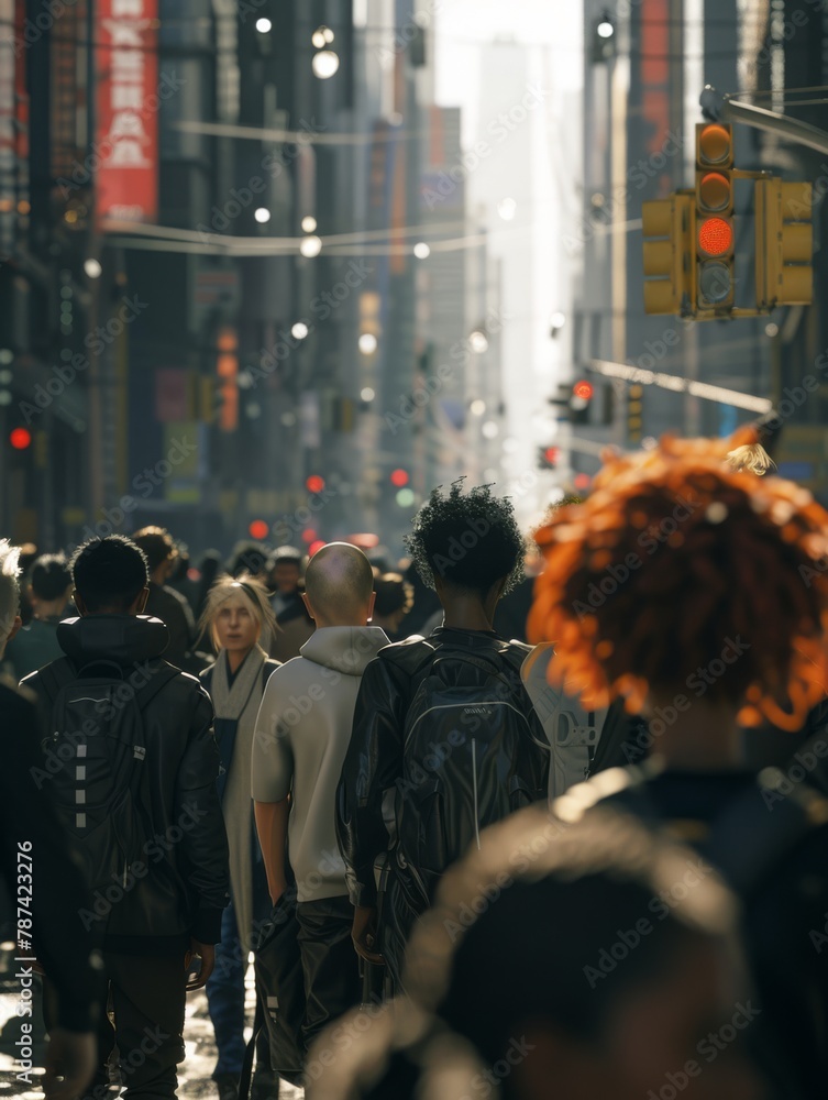 a diverse group of people walks along the streets of a futuristic city, captured from behind with an over-the-shoulder perspective
a diverse group of people walks along the streets of a futuristic city, captured from behind with an over-the-shoulder perspective