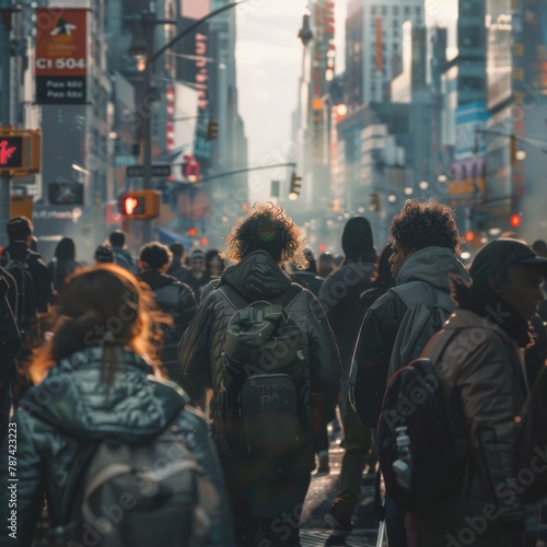 a diverse group of people walks along the streets of a futuristic city, captured from behind with an over-the-shoulder perspective 