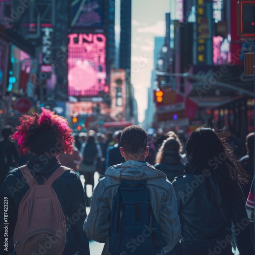 a diverse group of people walks along the streets of a futuristic city, captured from behind with an over-the-shoulder perspective  © cristian