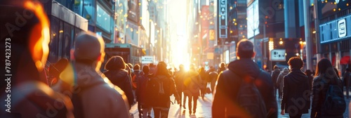 a diverse group of people walks along the streets of a futuristic city, captured from behind with an over-the-shoulder perspective
 photo