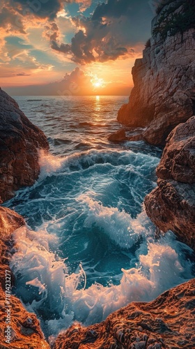 a landscape with the view of water from cliffs