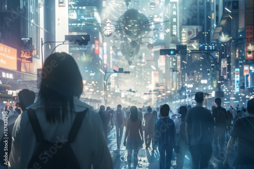a diverse group of people walks along the streets of a futuristic city, captured from behind with an over-the-shoulder perspective 