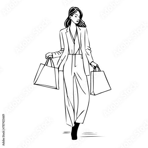 A woman is walking down the street with two shopping bags. She is dressed in a suit and tie, and her posture suggests that she is confident and in control. Concept of sophistication and elegance © Екатерина Переславце