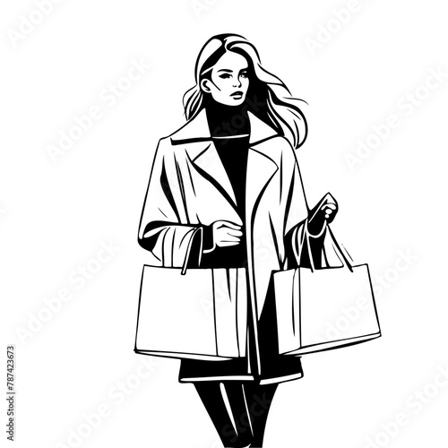 A woman is walking with two shopping bags. She is wearing a coat and a scarf. The image has a simple and elegant feel to it © Екатерина Переславце