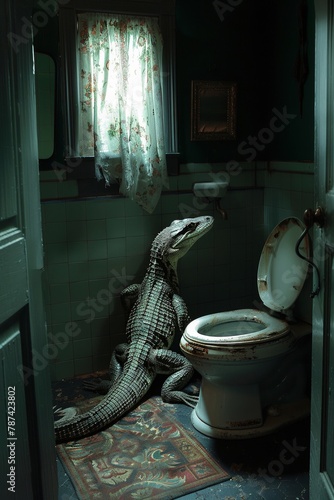 A shocking image of a bathroom, eerily quiet, where suddenly a reptilian tail whips out from the toilet, hinting at the horror lurking within photo