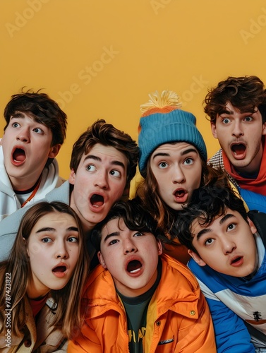 Energetic Group of Teenagers Performing a Comedic Skit with Exaggerated Expressions and Sound Effects