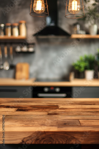Wooden table top with blurred Asian kitchen interior background  copy space  wide view