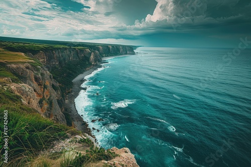 a landscape with the view of water from cliffs
