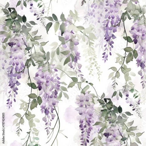 Elegant Watercolor Wisteria and Greenery Patterns Background