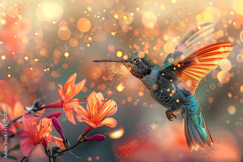 Hummingbird with iridescent feathers flitting among lily flowers on a bokeh background. Illustration for wildlife beauty and pollination concepts with festive atmosphere