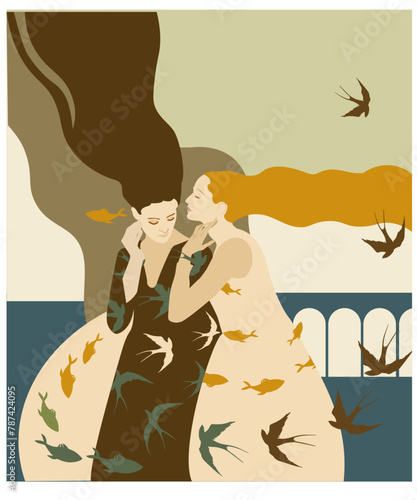 Illustration of girls talking, birds and fish flying