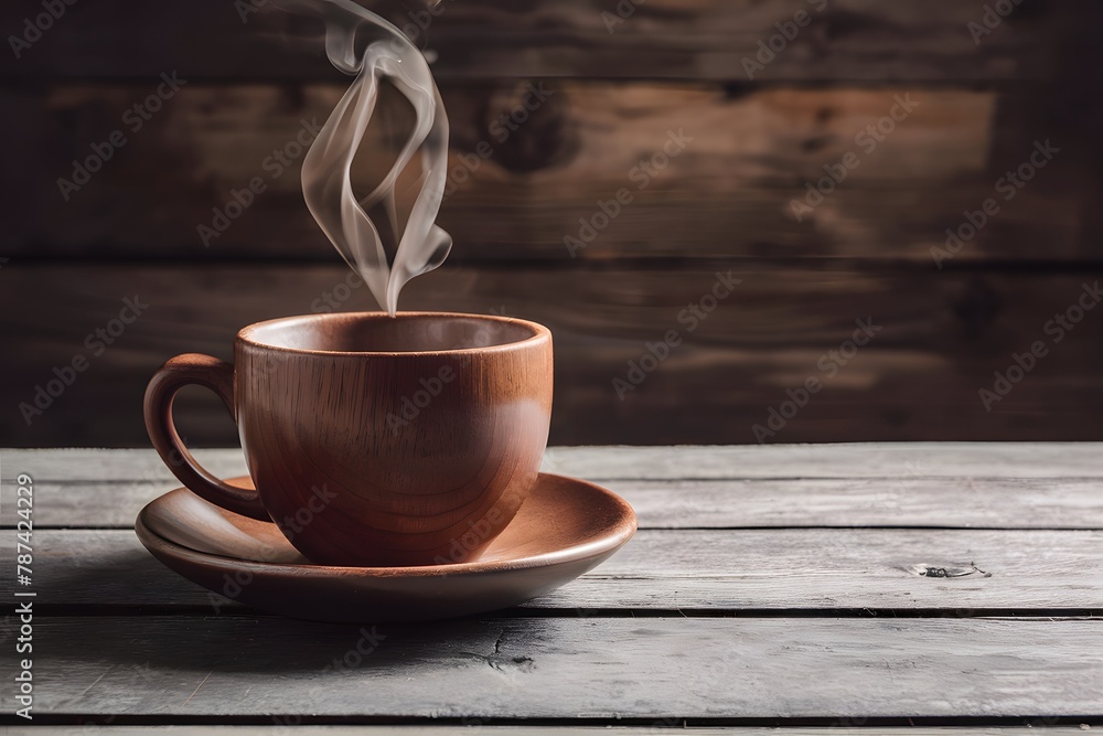 Rustic charm wooden coffee cup on table with steaming drink Rustic charm wooden coffee cup on table with steaming drink