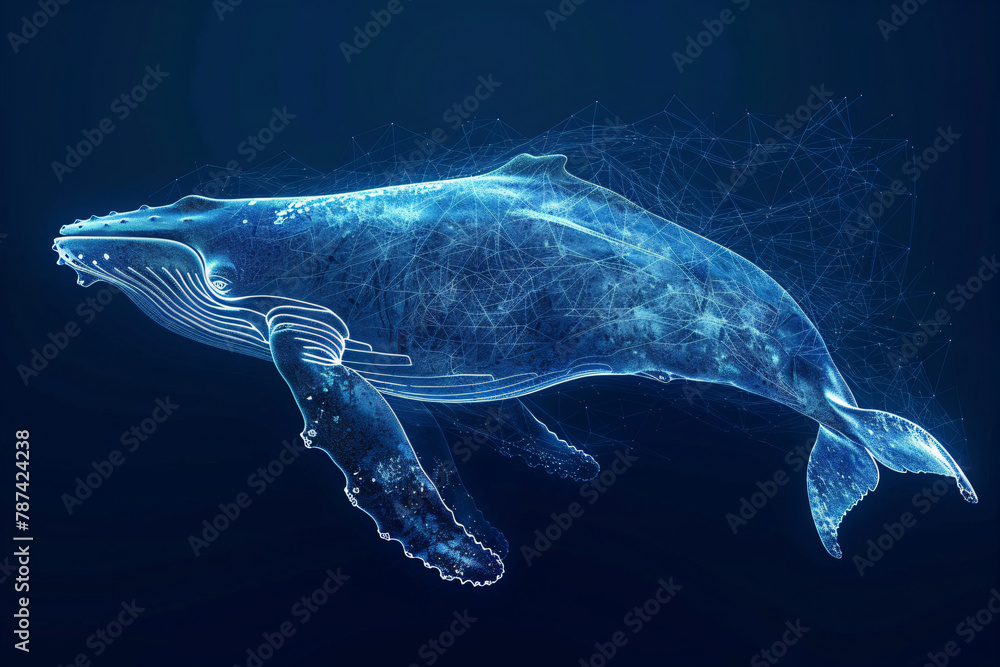 Blue wireframe whale swimming in the digital sea. Concept art for oceanic life and technological interface, suitable for educational graphics and interactive design