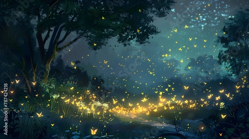 Fireflies Choreographing a Mesmerizing Nighttime Symphony in the Enchanted Forest © Wuttichai