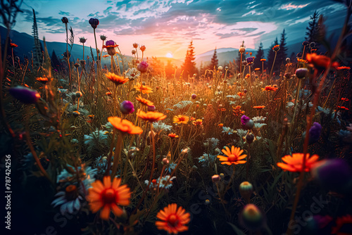 A field of flowers with a single red flower in the middle.