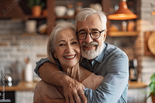 An elderly couple cuddles sweetly in the kitchen