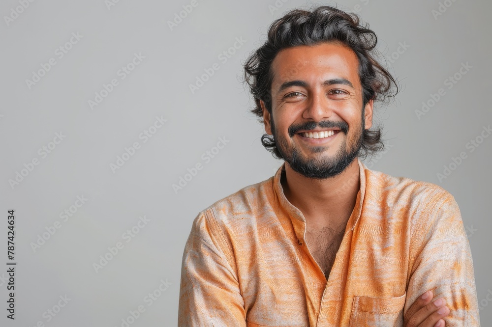 Young smiling indian man in traditional clothes on gray background Young smiling indian man in traditional clothes on gray background