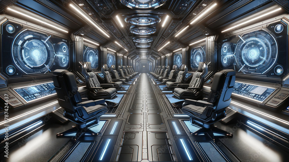 A futuristic space station with many chairs and computer monitors A futuristic space station with many chairs and computer monitors