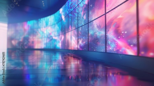 A dreamy defocused shot of an otherworldly virtual reality lab featuring a wall of screens displaying abstract digital landscapes. The soft focus adds to the surreal and immersive .