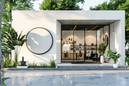 Modern beauty salon exterior with illuminated interiors, featured in a tropical setting
