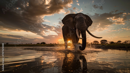 Majestic Encounter: Elephant in Golden Sunset. Generative AI