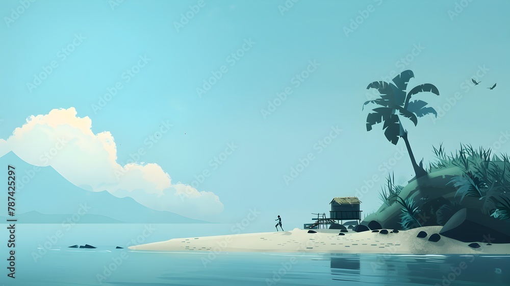 Naklejka premium Lone Castaway Crafting Tools and Shelter on Tropical Desert Island Beach